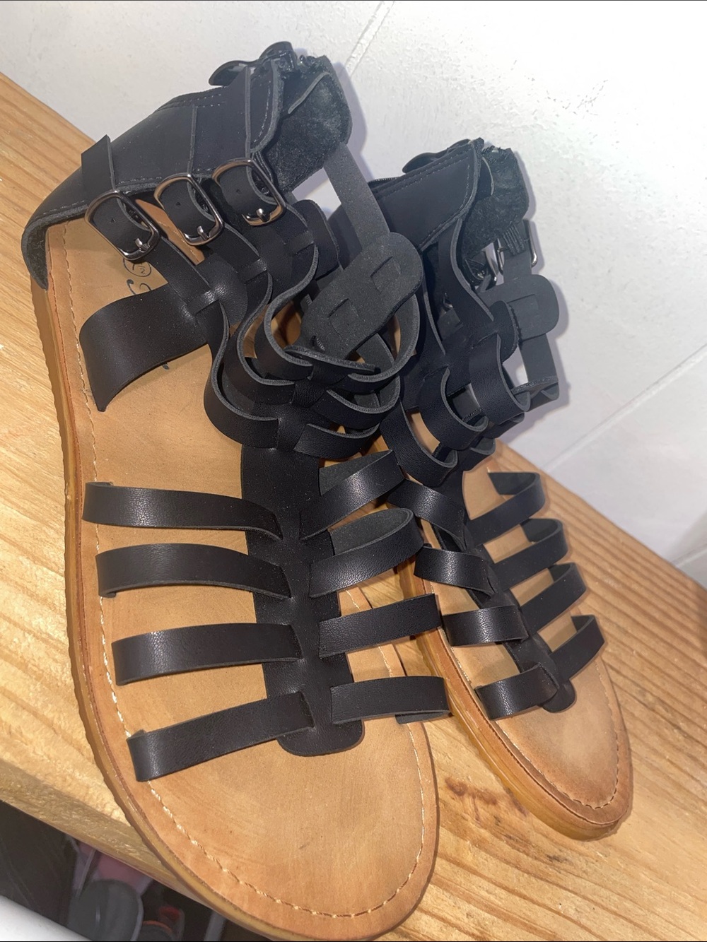 Women's Black Multi-Strap Gladiator Sandals with Tan Footbed - Picture 2 of 3